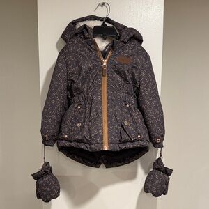 Gagou Tagou Toddler Puffer Jacket w/ Mittens – 24 Months – Gray/Brown Print